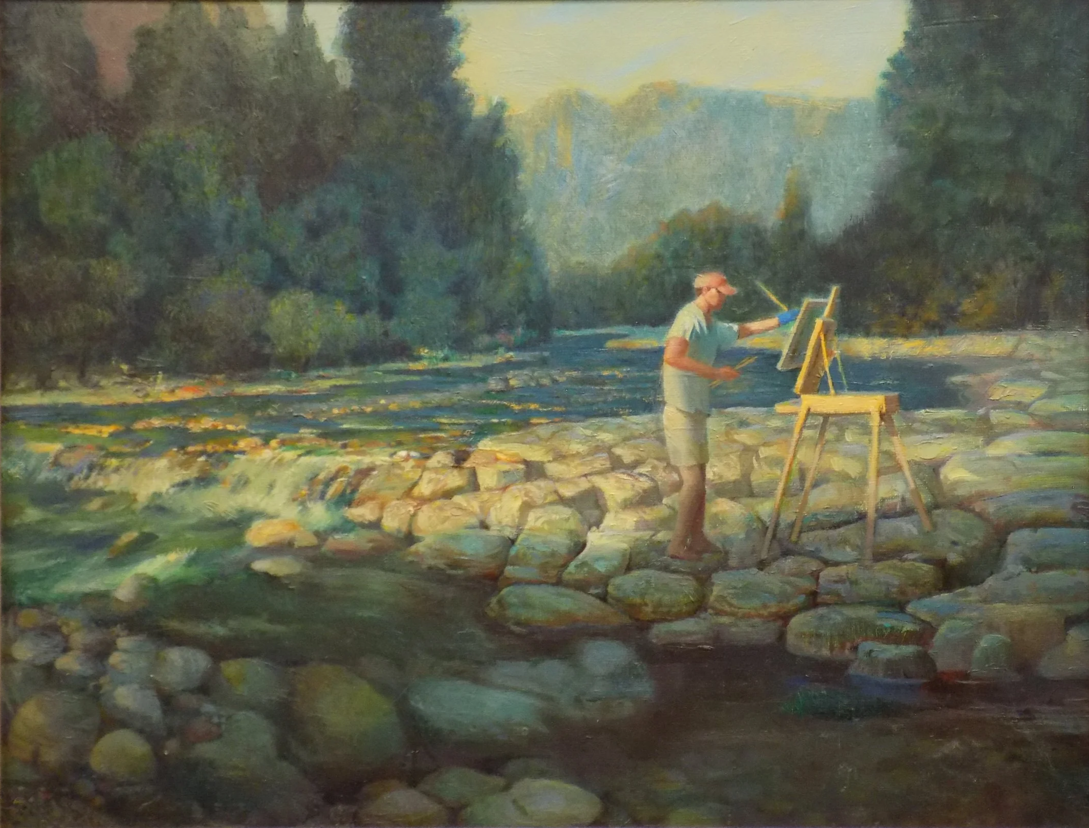 "Golden Morning"  Plein air. Oils on canvas.  14" x 18"  Golden, Colorado. This is Clear Creek, a stream that flows right through the town. 