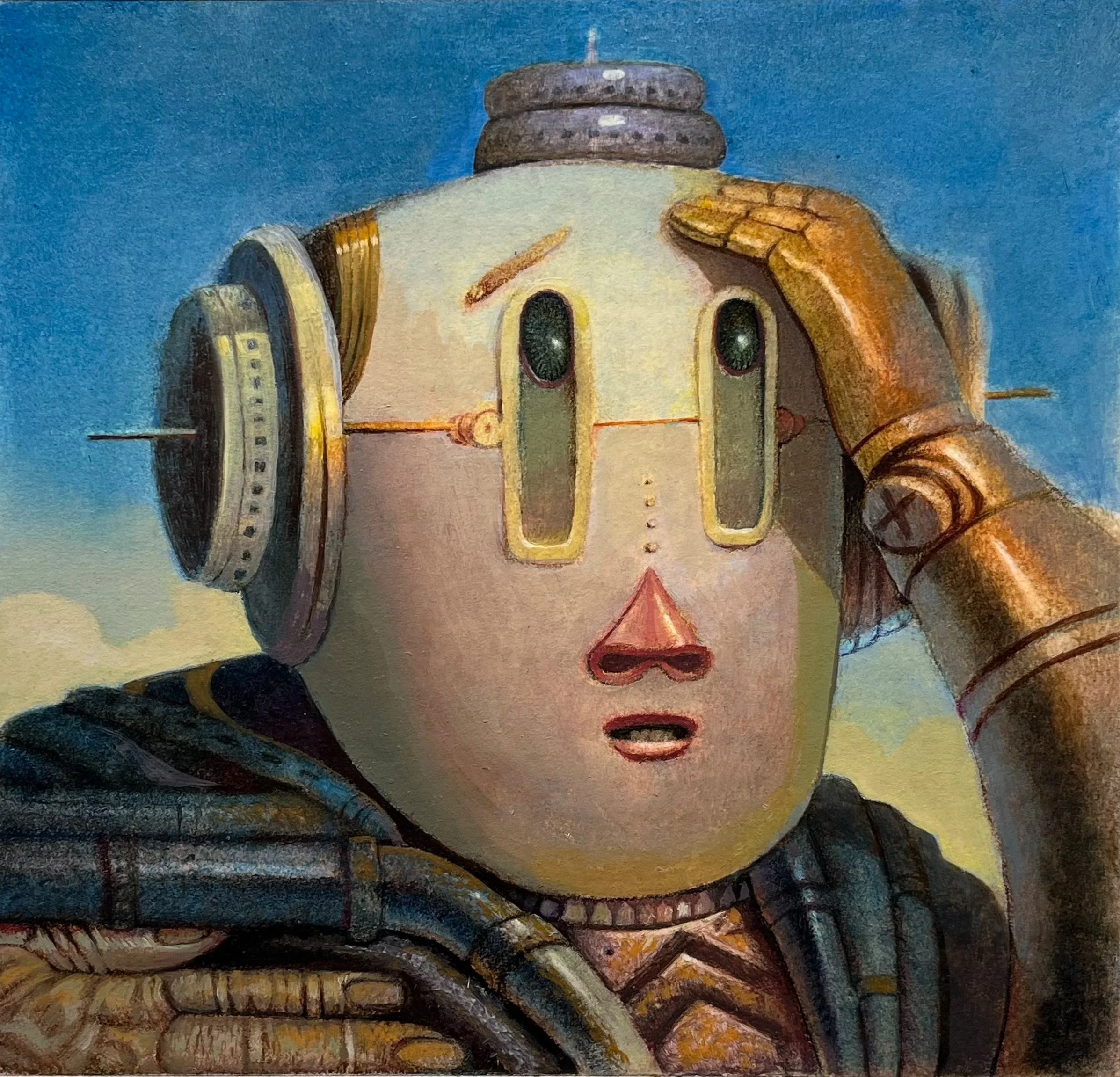 "Worried Robot". Demonstration in pastels, colored pencils and oils on illustration board. RMCAD. Do robots dream of pot roast? Or are they concerned about the socioeconomic consequences they represent? 