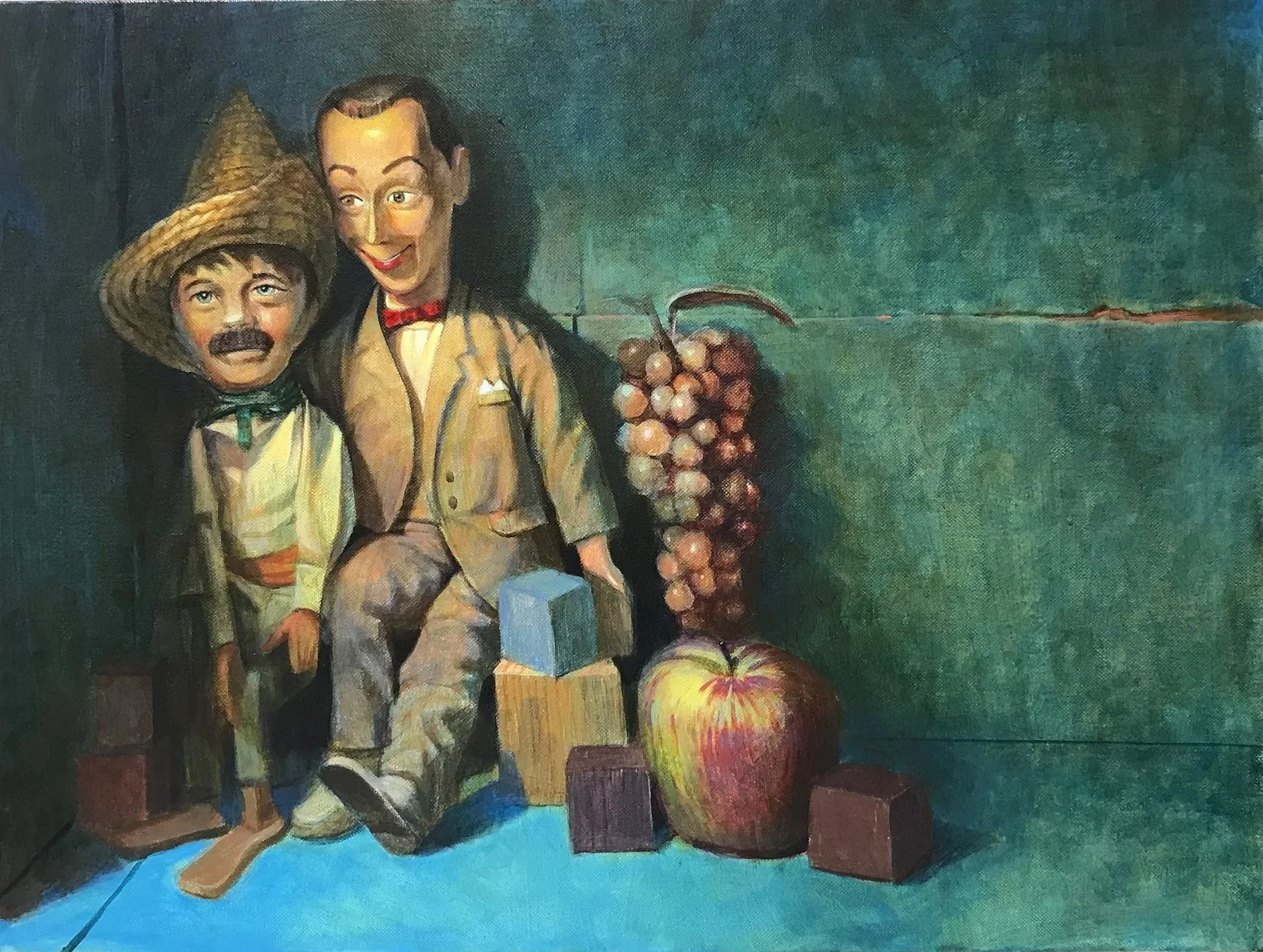 "PeeWee and Friends" Acrylic on canvas board. Still Life Painting Class demonstration. Underpainting in transparent raw umber, then local colors added in overpainting. 