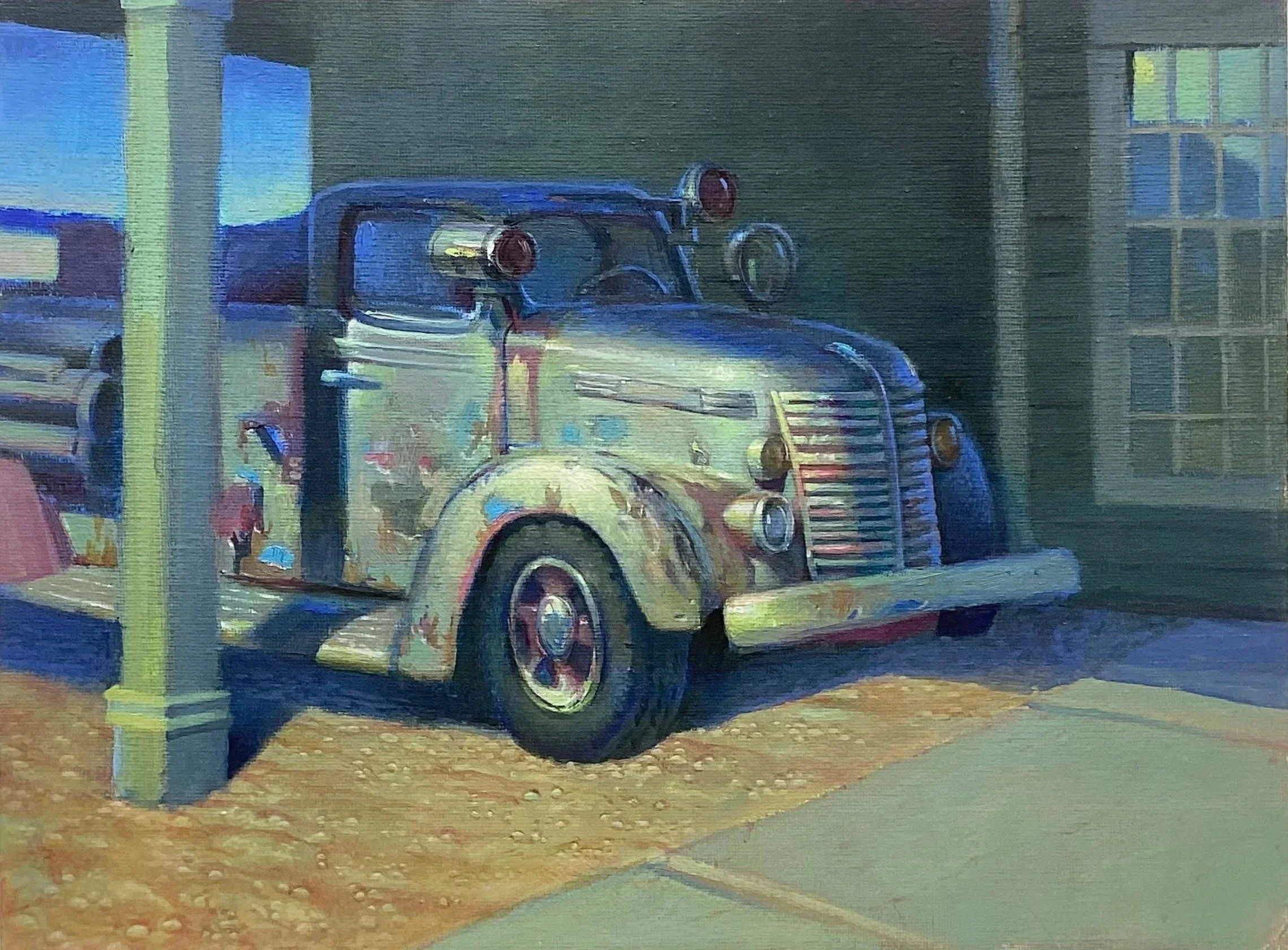 "Fire Truck at Belmar Park" Plein Air and Studio. Acrylic on canvas board. 12" x  16".