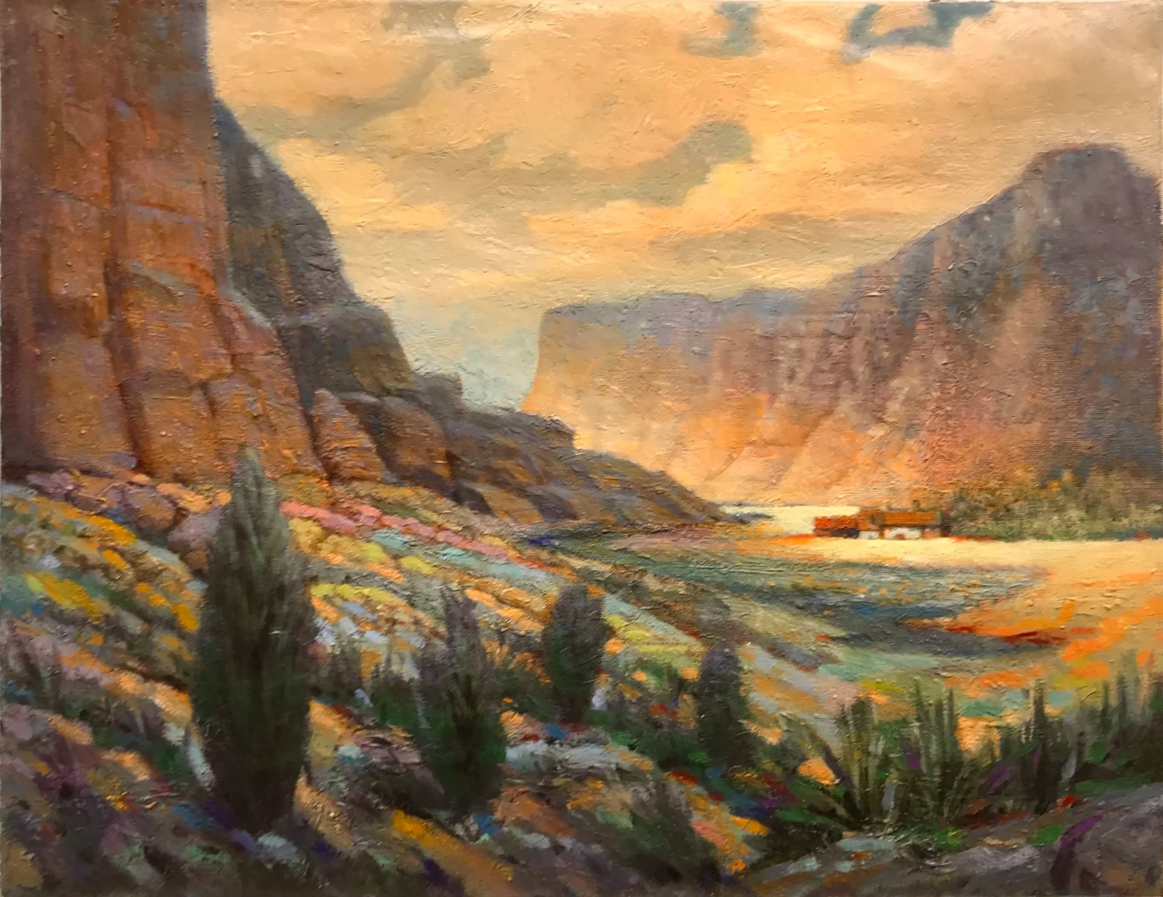 "Due West"  Oils on canvas. 
14" x 18".  This is one of those paintings that started without a sketch or a location. Consequently there are four other paintings in the layers that led up to it. 