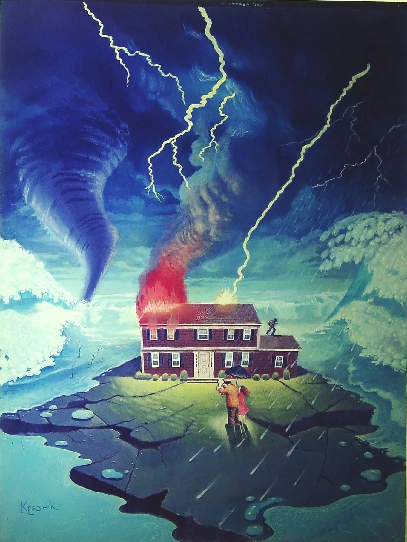 Money Magazine Cover Illustration. Oils on illustration board. 1972. Your house is on fire, a tsunami is headed your way, lightning strikes everywhere, and a thief is one the roof. Where's your insurance policy?