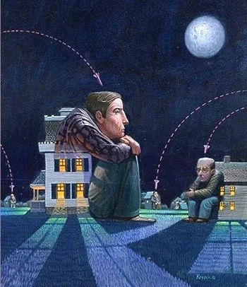 "Lonely Men" Gouache on illustration board. 1982. Composed and steady middle age men, waiting on their mid-life crisis, sitting outside their houses, thinking about how they got here. 