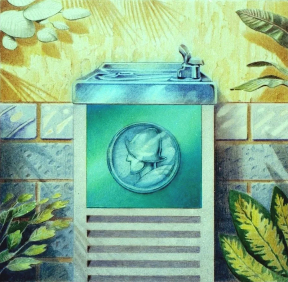 "The Fountain of Youth"  Clubhouse Magazine. 1987. Watercolor and Acrylics on illustration board. An article about the many Florida fountains, claimed by various promoters as authentic. Visitors who taste the water report a strong, unpleasant mineral