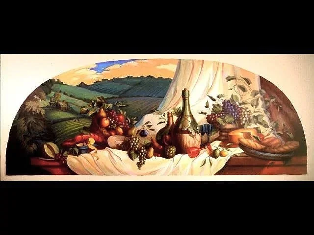 "Decadent Feast" Wall Mural for private residence. Acrylic on canvas. Joan did the original drawing and I collaborated on the painting & color. 