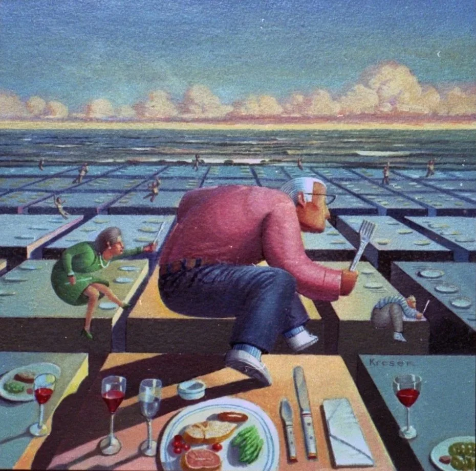 "Table Hopping" Oil on illustration Board. 1984. The local critic drops in on various restaurants in a Florida town. 