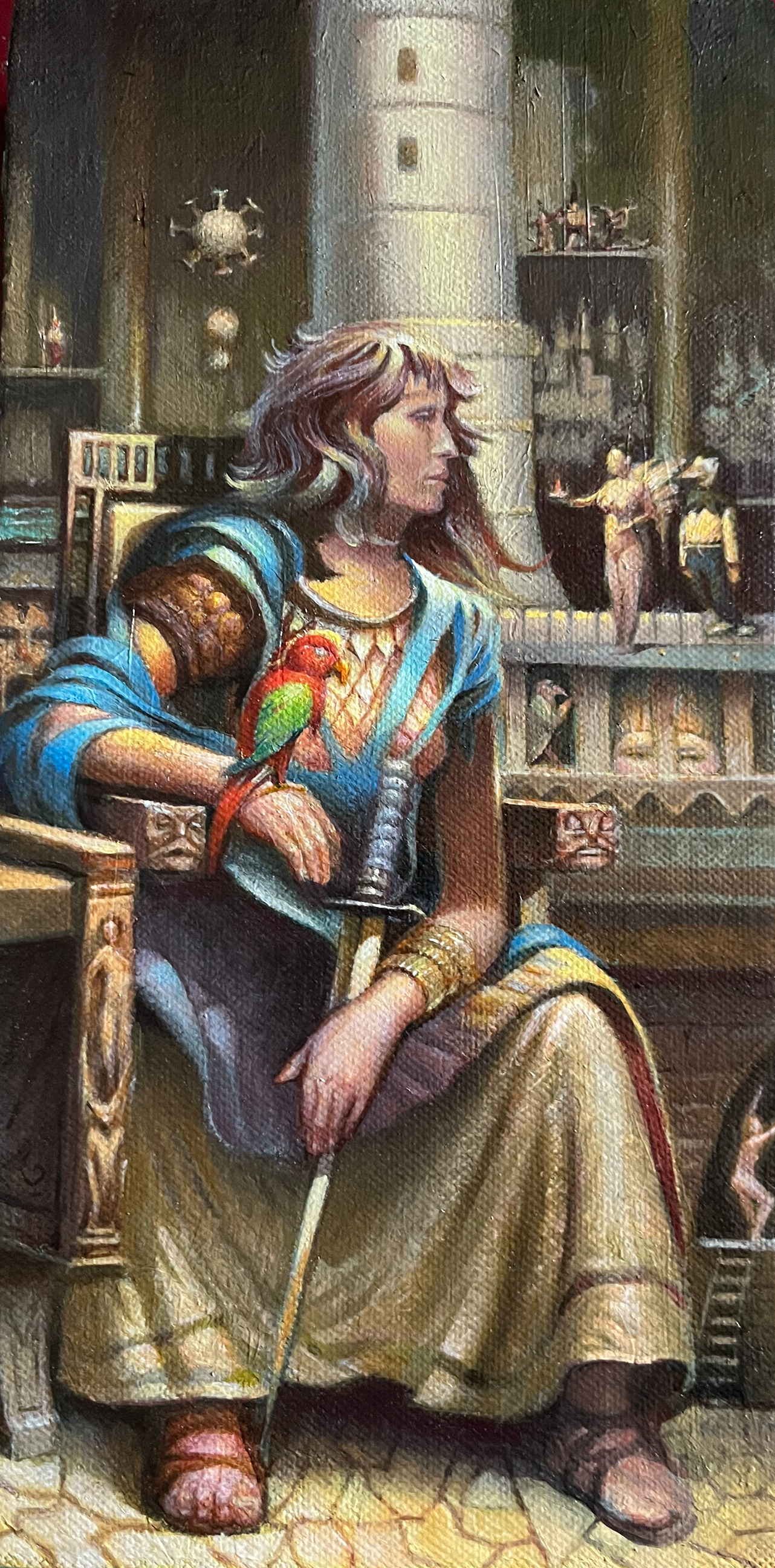 "The Dream in the Castle of the Parrot Queen". Oil on canvas. 2025. The Queen seeks COVID advice and counsel in a surreal world. 