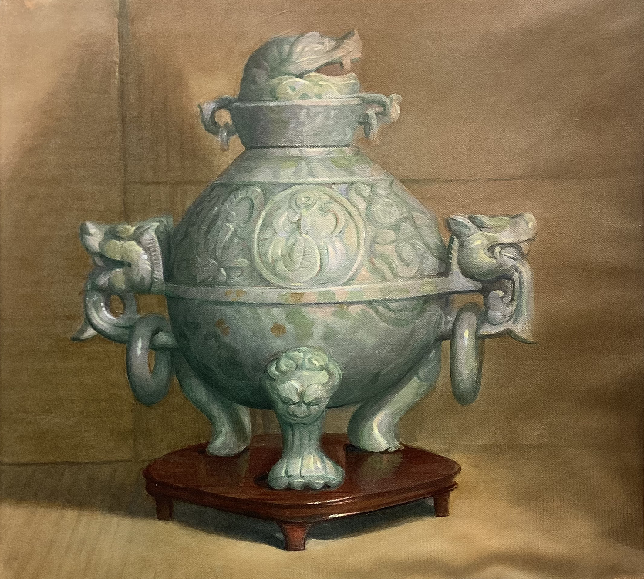 "Chinese Jade Urn"  Acrylic & Oil on canvas. Still Life Painting Class demonstration. Light acrylic grisaille to develop and render the basic forms then all details applied in transparent oil glazes.