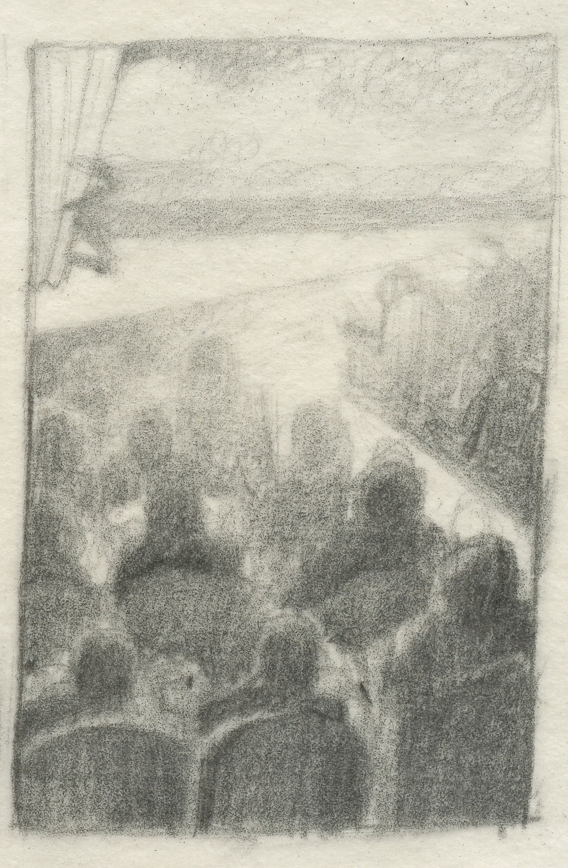 Preliminary Drawing. At the theater, view from the audience.  Graphite on tracing paper. 