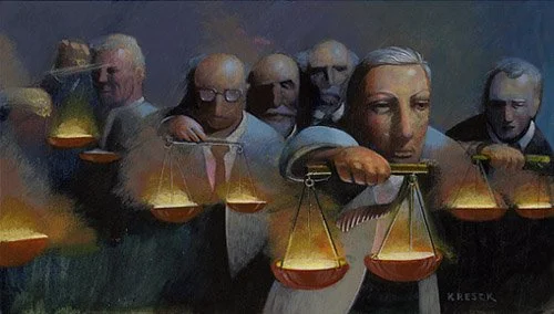 "Legal Guns"  New Business Magazine. The best lawyers in town. Acrylics on illustration board. 1988