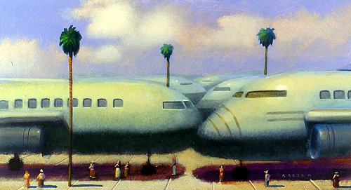 "SRQ" The Sarasota Airport. Acrylic on illustration board. There was a time when the airline pilot would taxi down the runway, stop and jump out of the plane, and over the fence, run across the highway and get a McDonald's burger and fries back to th