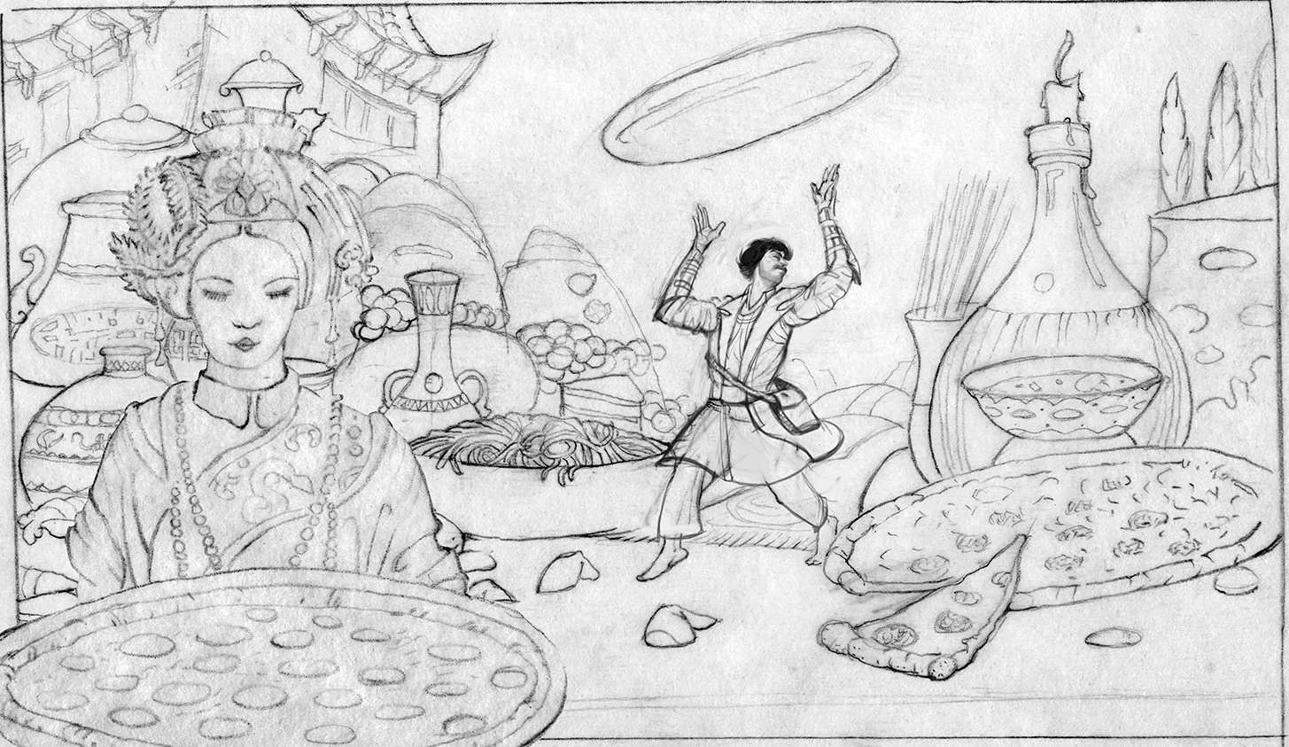 "Marco Polo" digital drawing for the Marco Polo Restaurant mural. This was the basic line drawing for the final.