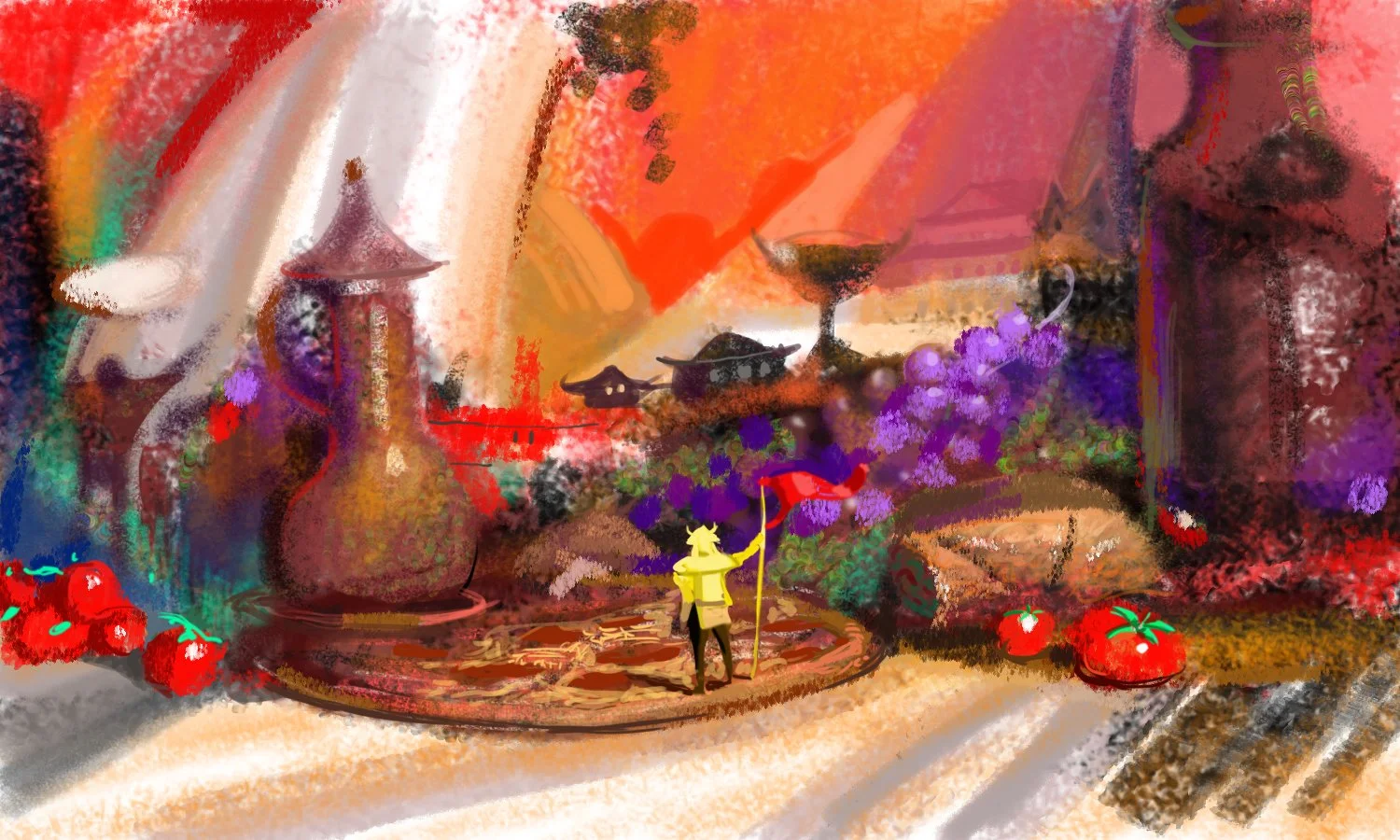One of many preliminary thumbnail  sketches for Marco Polo restaurant mural painted in PhotoShop. 