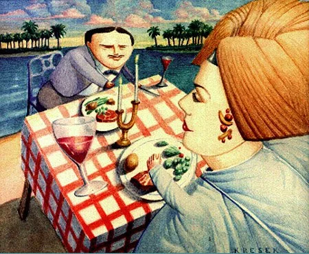 "Dining Out" Sarasota Magazine. Watercolor on illustration board. 1984. I had learned to work small for easy mailing. This is approximately 4" x 4". I liked to style the characters into large geometric shapes but  unfortunately the woman who wrote th