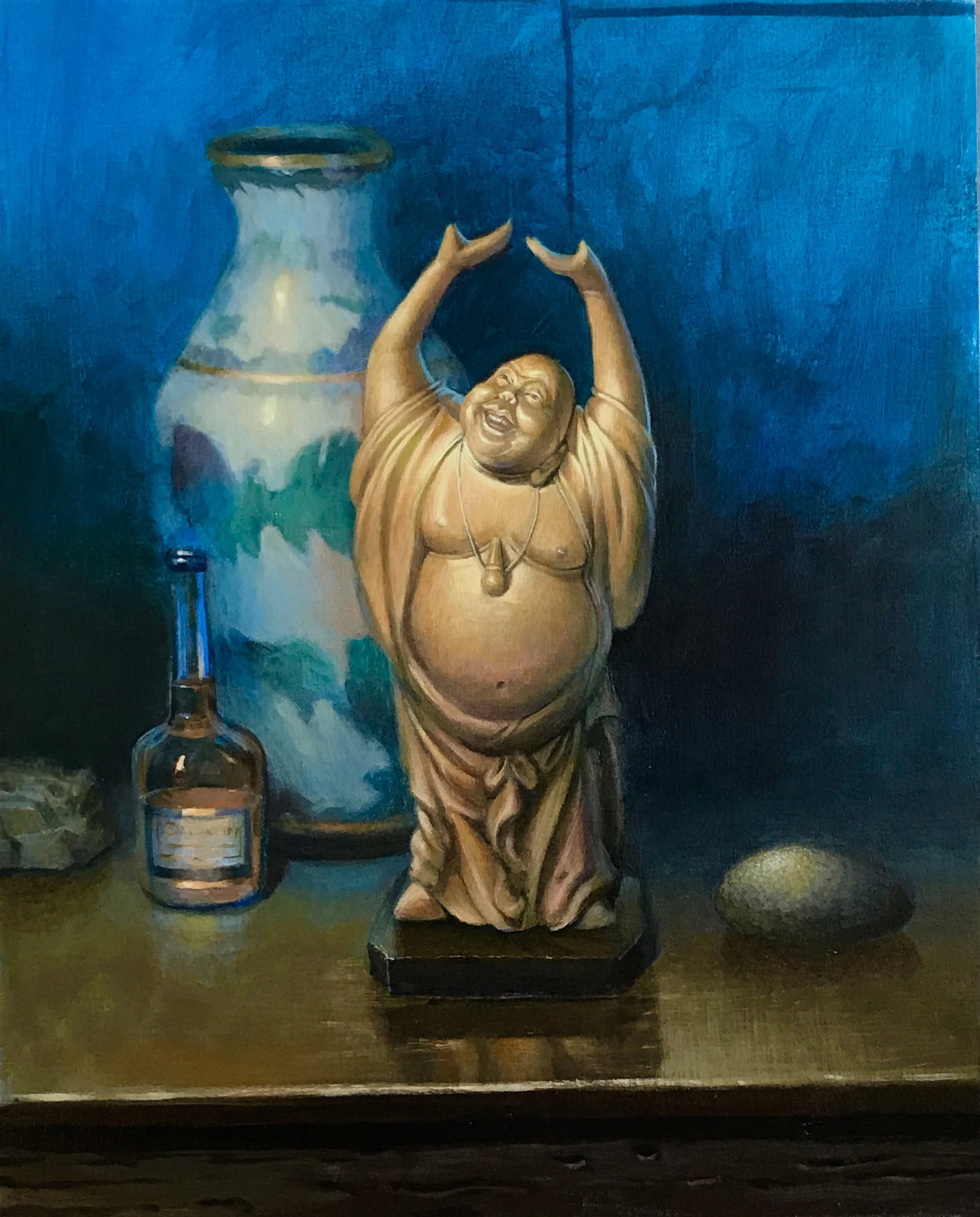 "Hotei" As the Laughing Buddha, Hotei is one of Japan's Seven Lucky Gods, known for his benevolent nature, large belly, and the magical sack he carries. Acrylic on canvas board. Still Life Painting Class demonstration. 