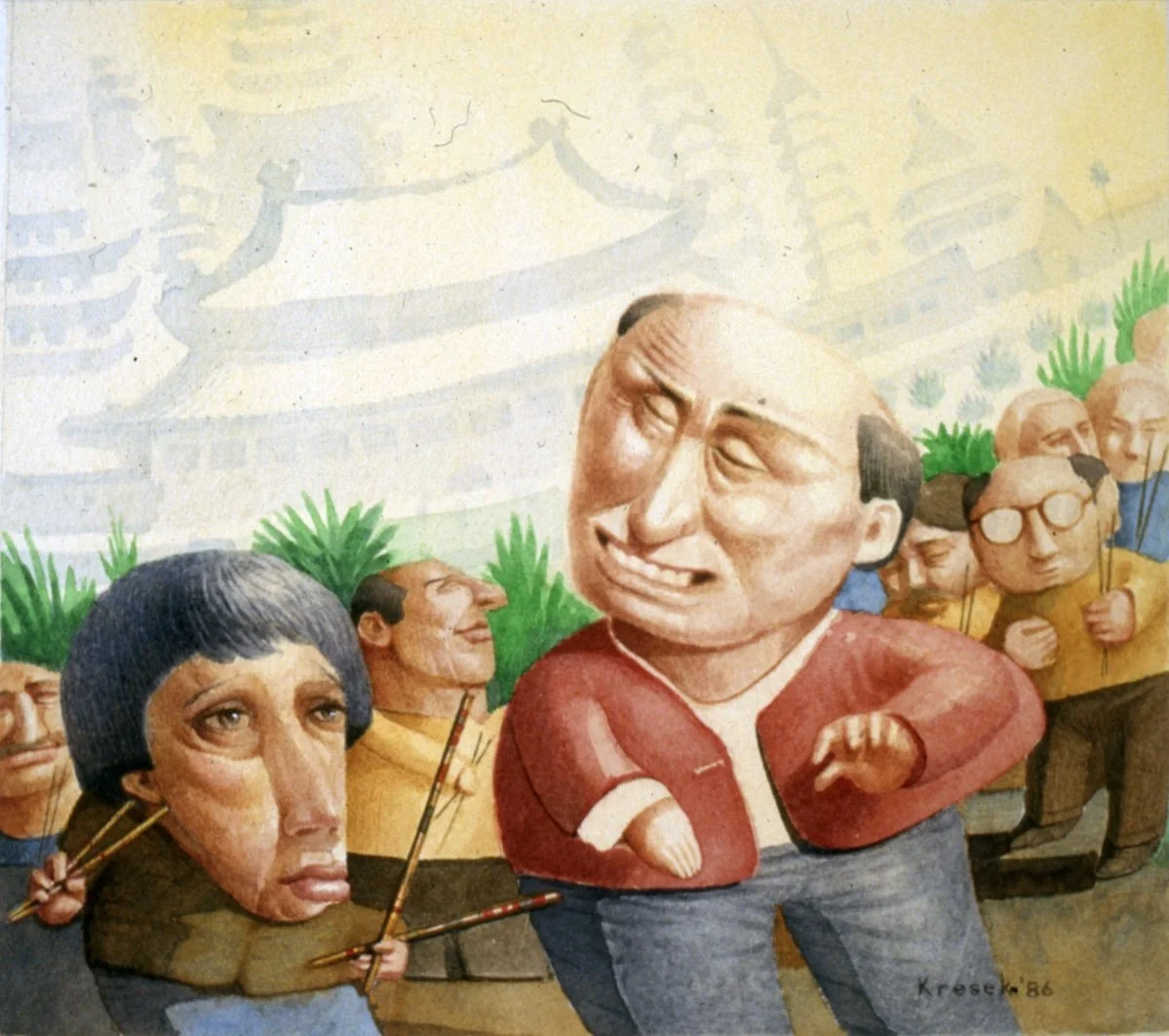 "Chinese Food" Sarasota Magazine. Watercolor on illustration board. 7" x 7". I started with the main character's eyes and worked it out from there, with no particular idea and one thing led to another and it was done. I think the Chinese man is expla