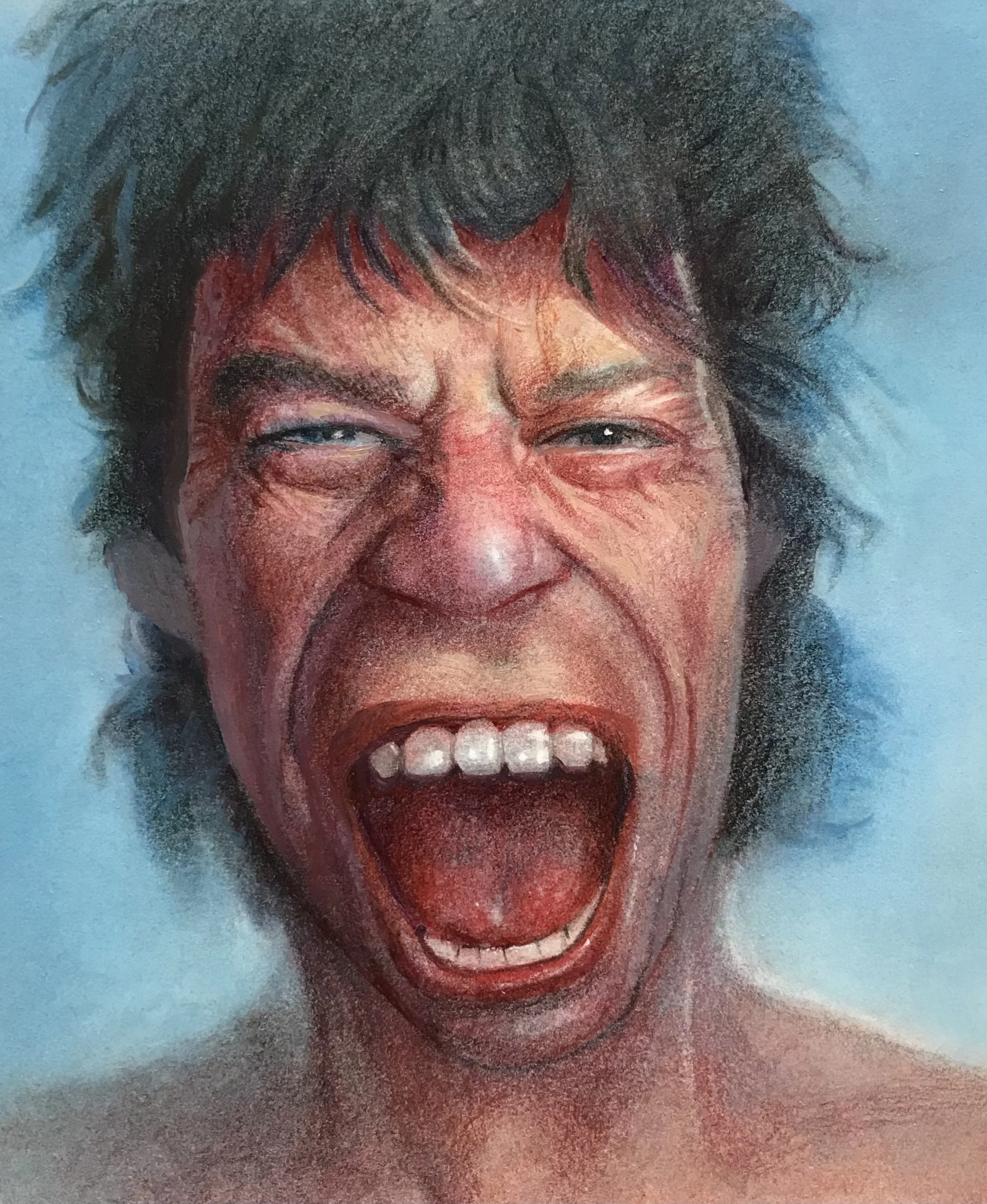 "Mick Jagger " Pastel, Colored Pencils & Oil Glazes on Illustration Board. .A demonstration drawing for students at the Rocky Mountain College of Art + Design. 2021.