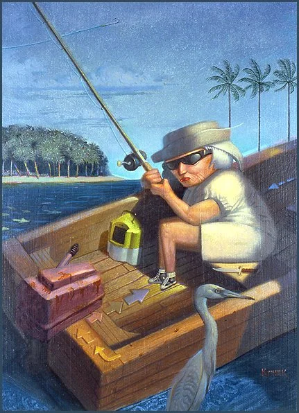 "Something Fishy" Sarasota Magazine. Oil on illustration board. At the time I saw a lot of seniors that looked like this. Now I am one. 