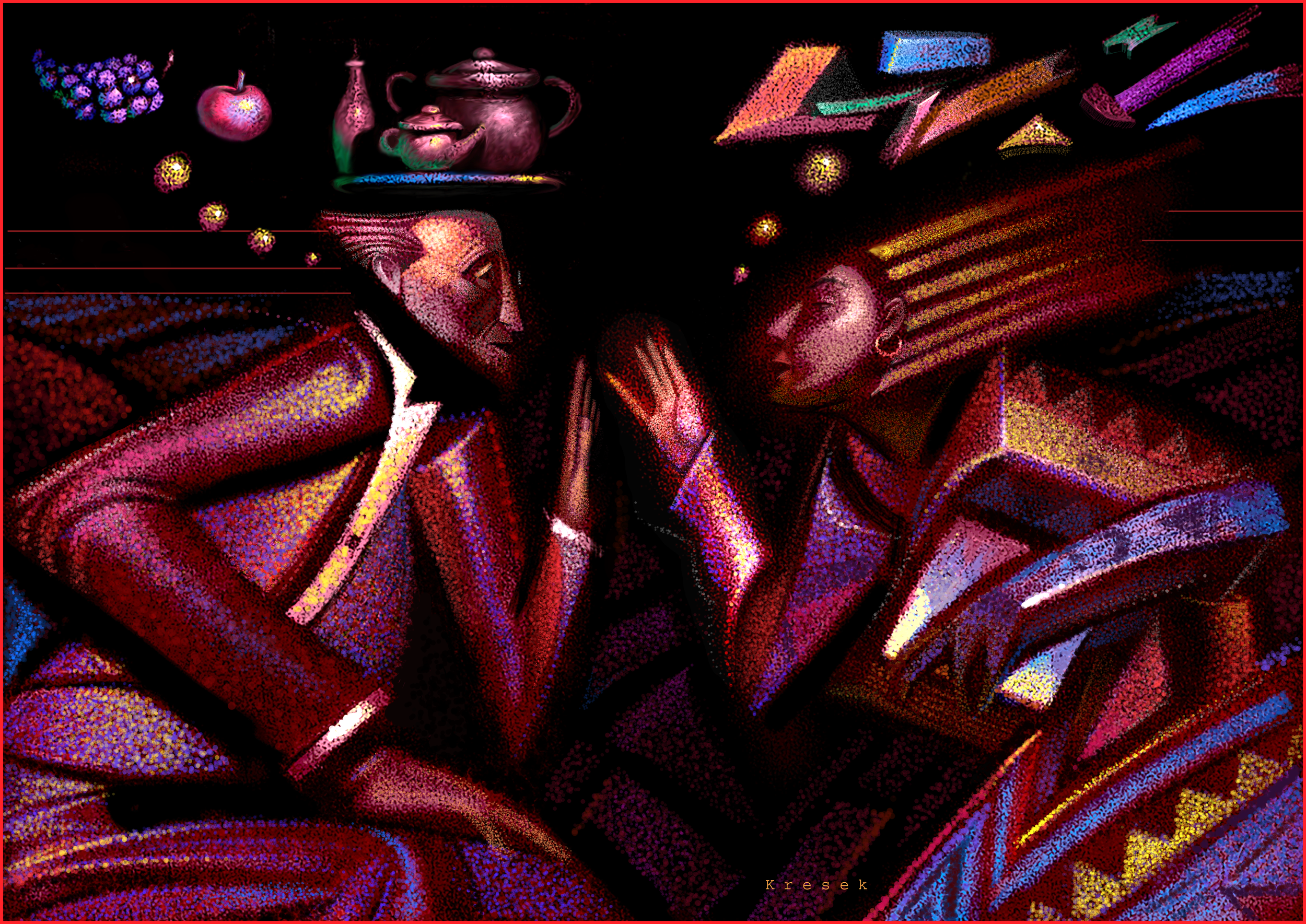 "Conversations" RMCAD Self Study Illustration. The abstract and the realist try to talk turkey.