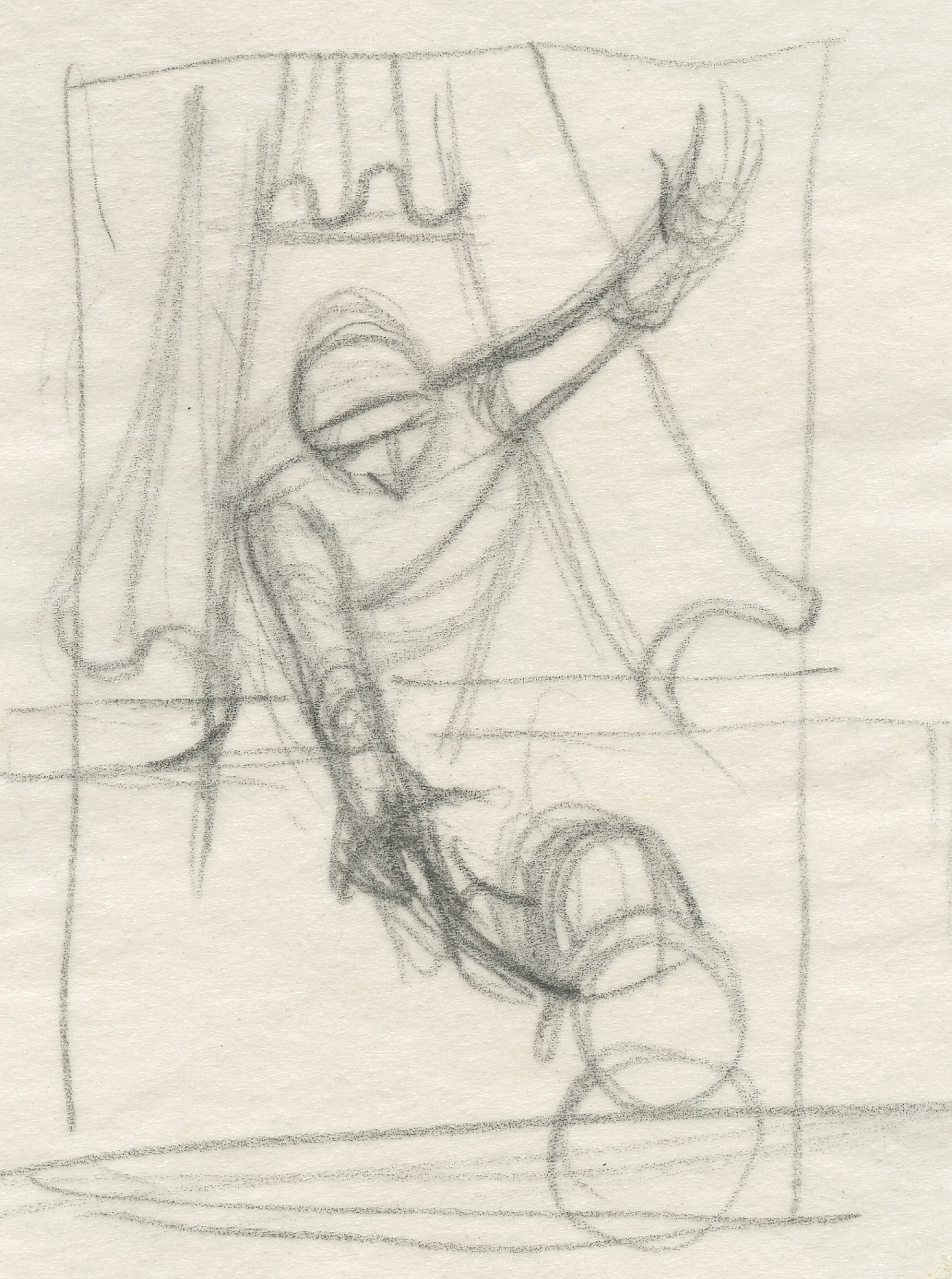 Thumbnail Sketch for "Florida Studio Theater New Play Festival " poster. Actor in costume on stage reaches out through the curtain to a young child. Graphite on tracing paper. 