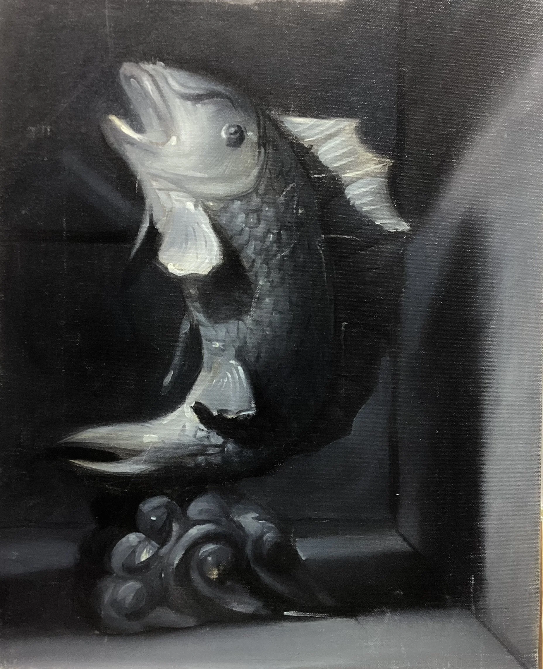 "Chinese Antique Fish" Black and white oil study on canvas board. 