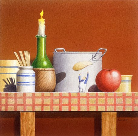 
Italian Food"  Sarasota Magazine. 1987. Watercolor on a tiny illustration board. 6" x 6"  William Baily's  horizontal compositions were an inspiration. "Who is the little man tossing the potato chip?" , someone asked me. 