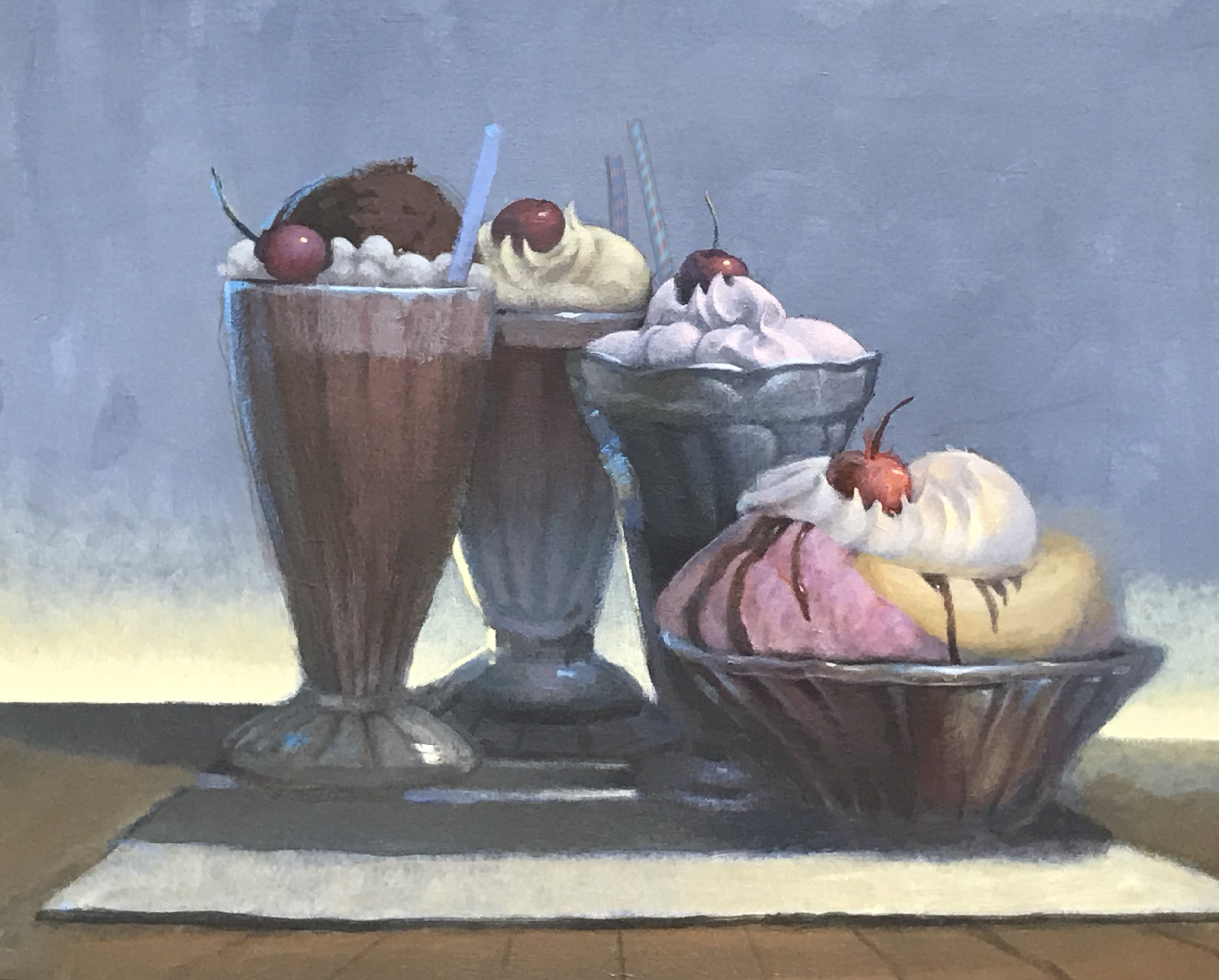 "Ice Cream Still Life" Acrylic study on canvas board. RMCAD class Demonstration. Based on back lighting combined with form lighting. Eventually I intend to rework this into a larger painting. 