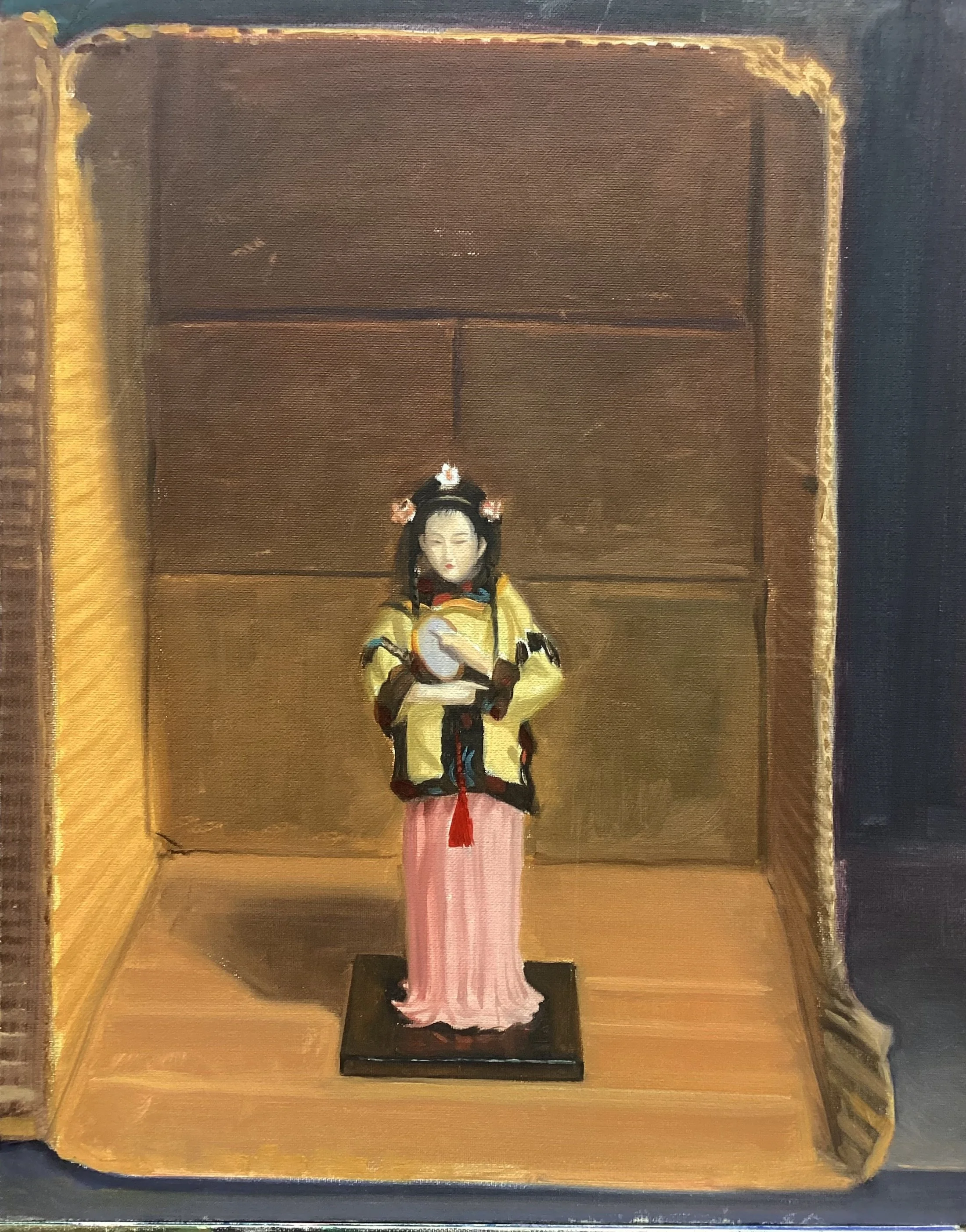 "Japanese Doll in a Shadow Box"Still Life Painting Class demonstration. Oils on canvas board. Color palette based on tints and shades. 