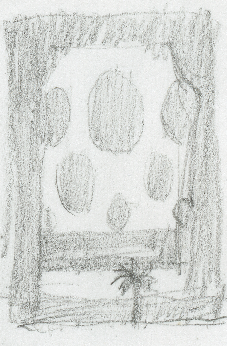 Preliminary positive / negative shapes poster study. Dark mask shapes on a light sky. Graphite on tracing paper. 