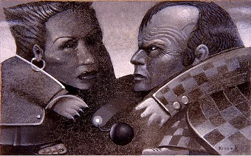 "Fashion Wars"  Oil painting on illustration board with Crystal Clear. A story of competing styles. 3.75" x 2.5"