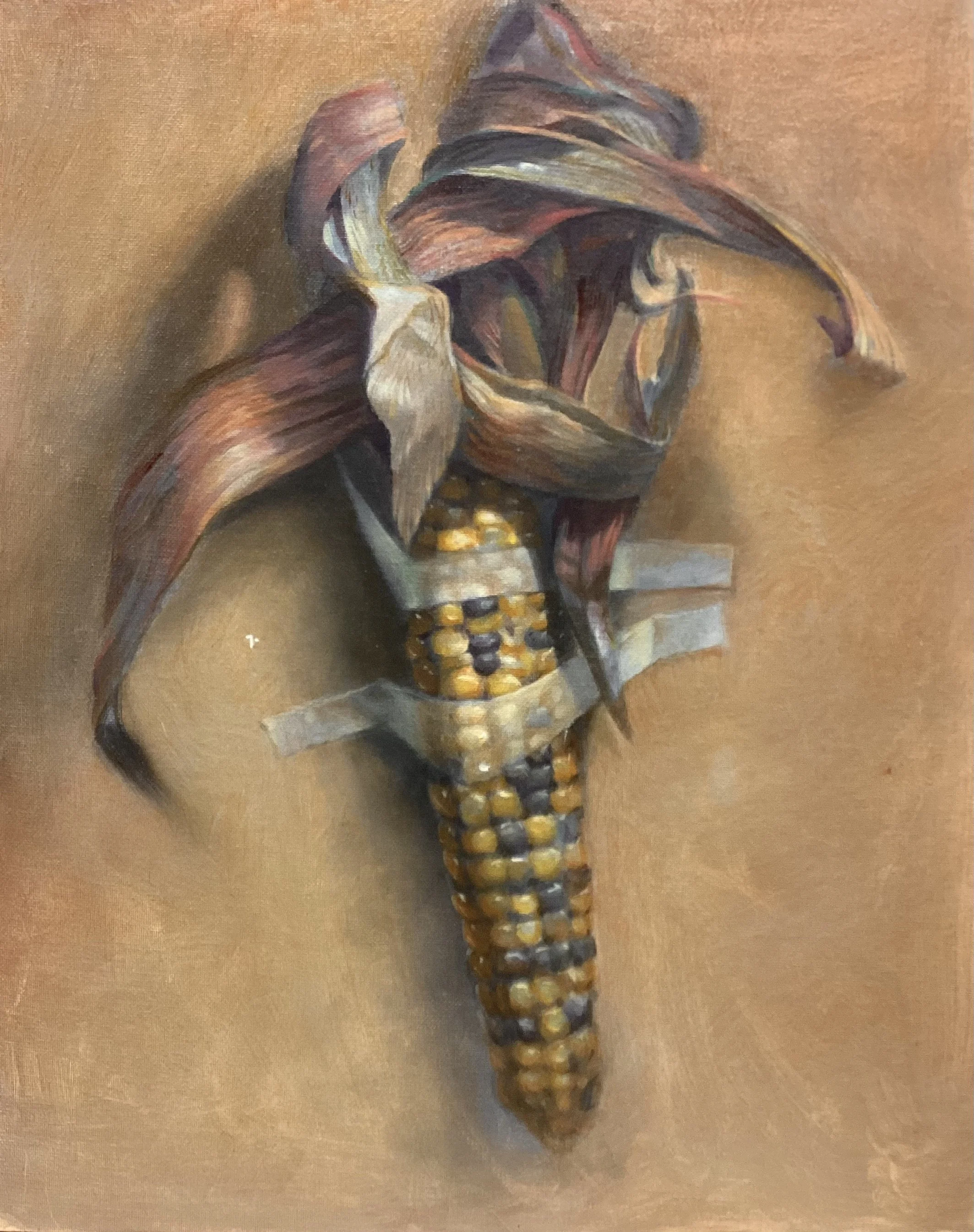 "Halloween Corn" Acrylic on canvas board. Still Life Painting Class demonstration. Oils on canvas board. Underpainting in grisaille with local color oil glazes..The method is an ancient one. The colors over the gray underpainting creates an interesti