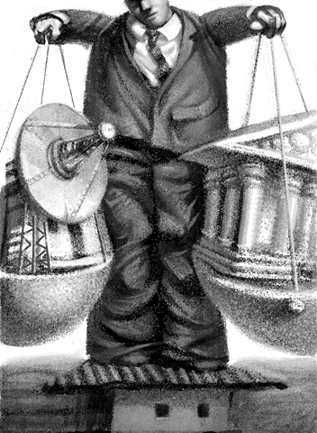 "Business Balance" Asian Wall Street Journal. PhotoShop. 2002. The slow moving courts and the rapidly expanding telecomunication industry was the topic.