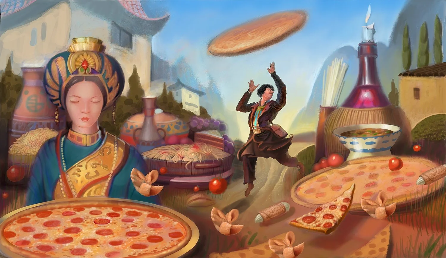 "Marco Polo Restaurant Mural Preliminary Color / Tonal Study in PhotoShop."  For me, PhotoShop is so quick and easy to try out many variations. This is mostly good, but I often try other methods to stay fresh. 