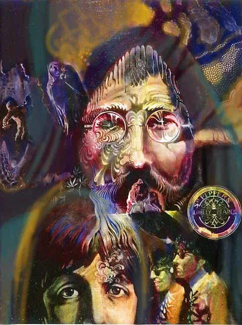 "Psychodelic Beatles" Oil on canvas. Gallery painting. 1970. This was hung in a show in the lobby at the Tappanzee Theater, where I was happy to meet Alan Arkin, who was there in a play. This painting was bought by a NY lawyer named Dominic, whom I u