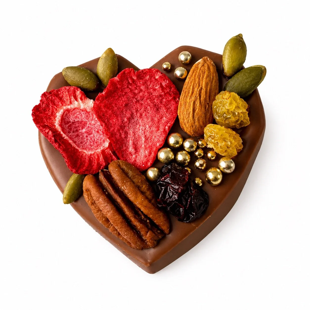 Belgian milk chocolate-shaped heart wedding favour topped with freeze-dried strawberry slices, almonds, pecans, golden raisins, pumpkin seeds and gold dragees.