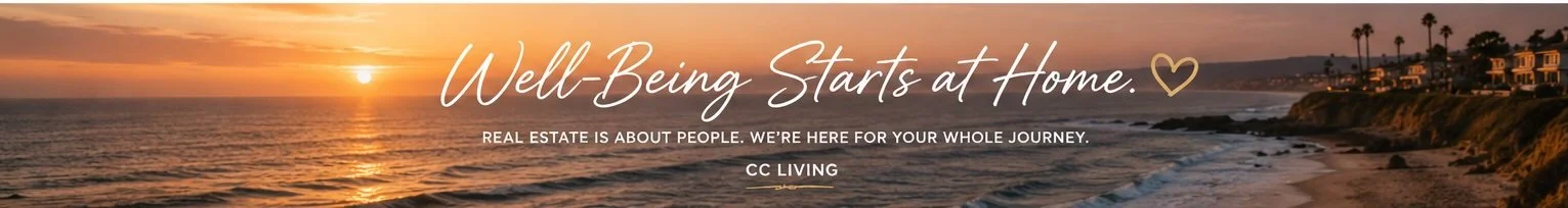 Sunset over the Southern California coastline with ocean waves and coastal homes, symbolizing the connection between home, community, and well-being