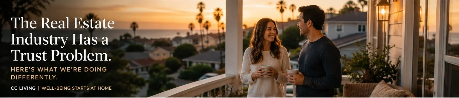 Couple enjoying coffee on the front porch of a Southern California home at sunset, representing community, homeownership, and coastal living.