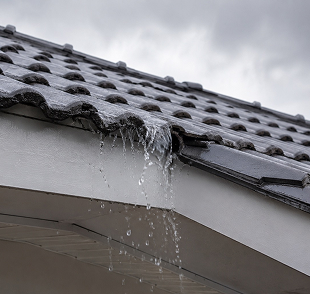 Rainwater leaking from a damaged roof gutter on a house.