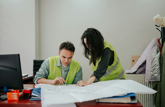 Two office workers, one man and one woman, wearing yellow safety vests, are looking at large blueprints on a desk in an office.