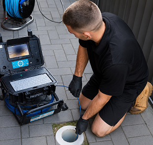 A man kneeling on gray tile floor working with a plumbing snake or auger next to a white pipe opening.