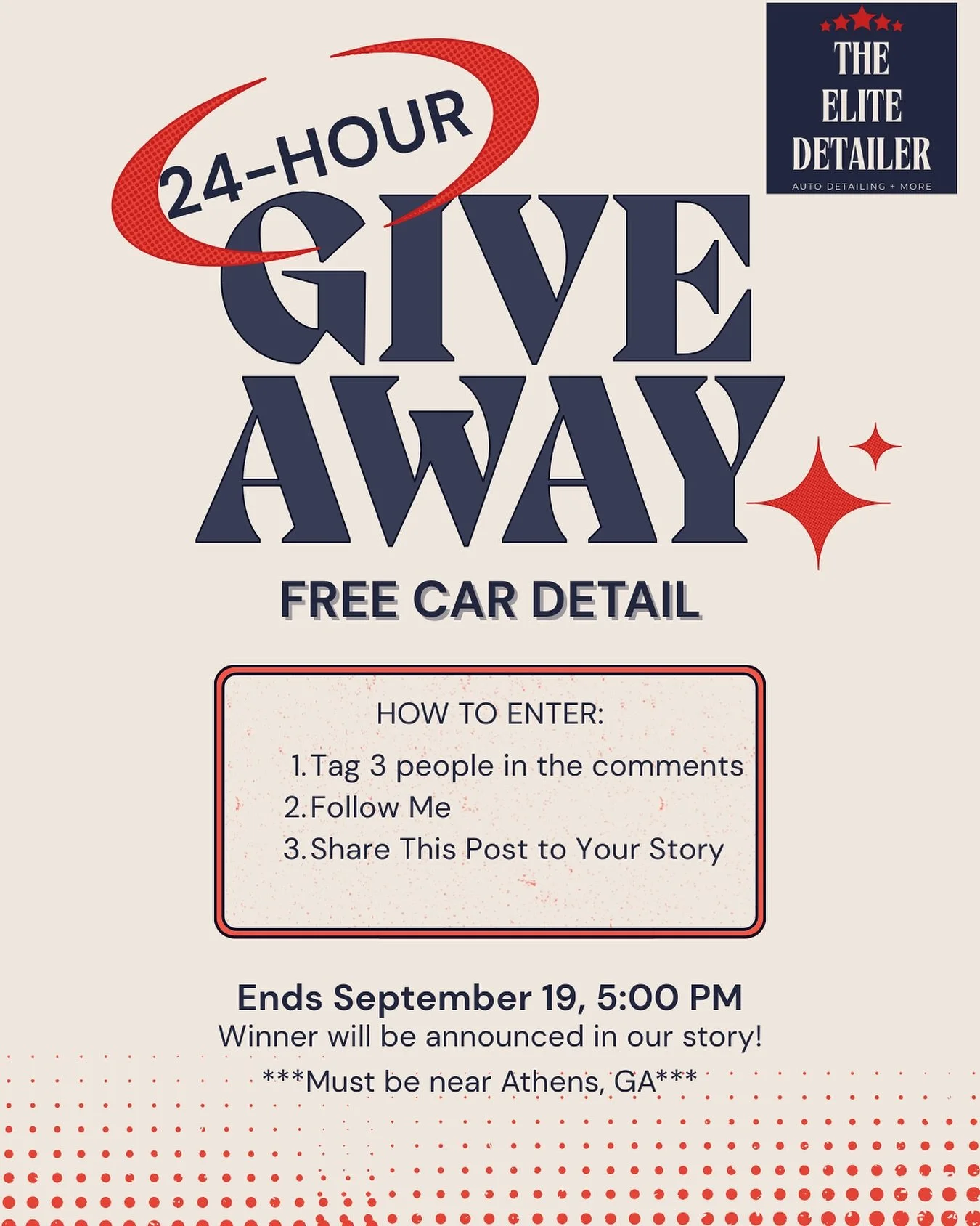 🚨 FREE CAR DETAIL GIVEAWAY 🚨
Want your ride looking brand new? I&rsquo;ve got you covered.

How to enter:
1️⃣ Follow @TheEliteDetailer
2️⃣ Tag 3 friends in the comments 🚗
3️⃣ Share this post to your story ✨

Winner announced soon&mdash;don&rsquo;t