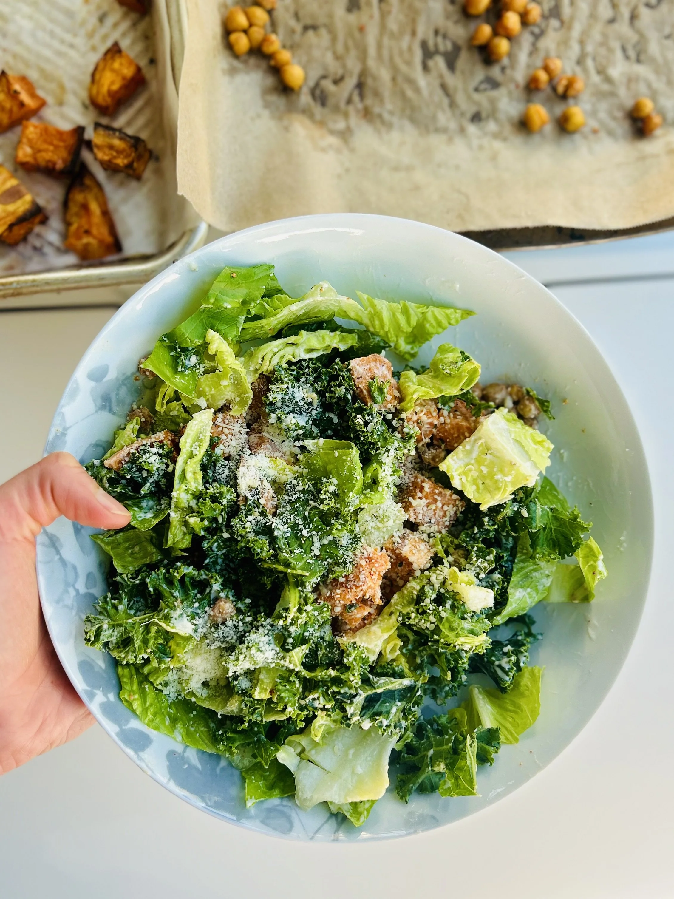 Caesar Salad with Roasted Yam and Crispy Chickpeas