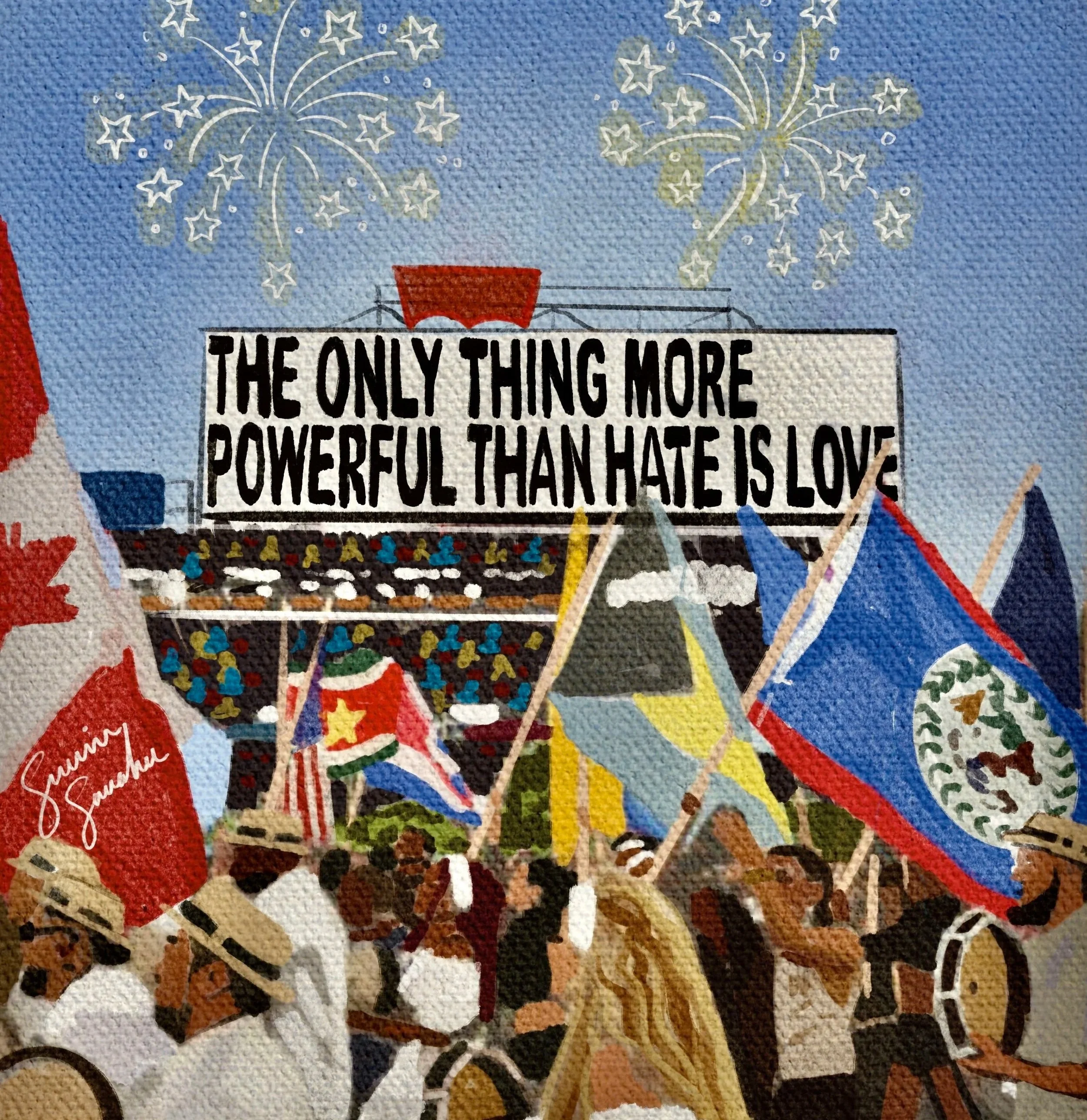 "Love Over Hate" (2026) Pastel Composite On Digital, 10" x 10" Inches