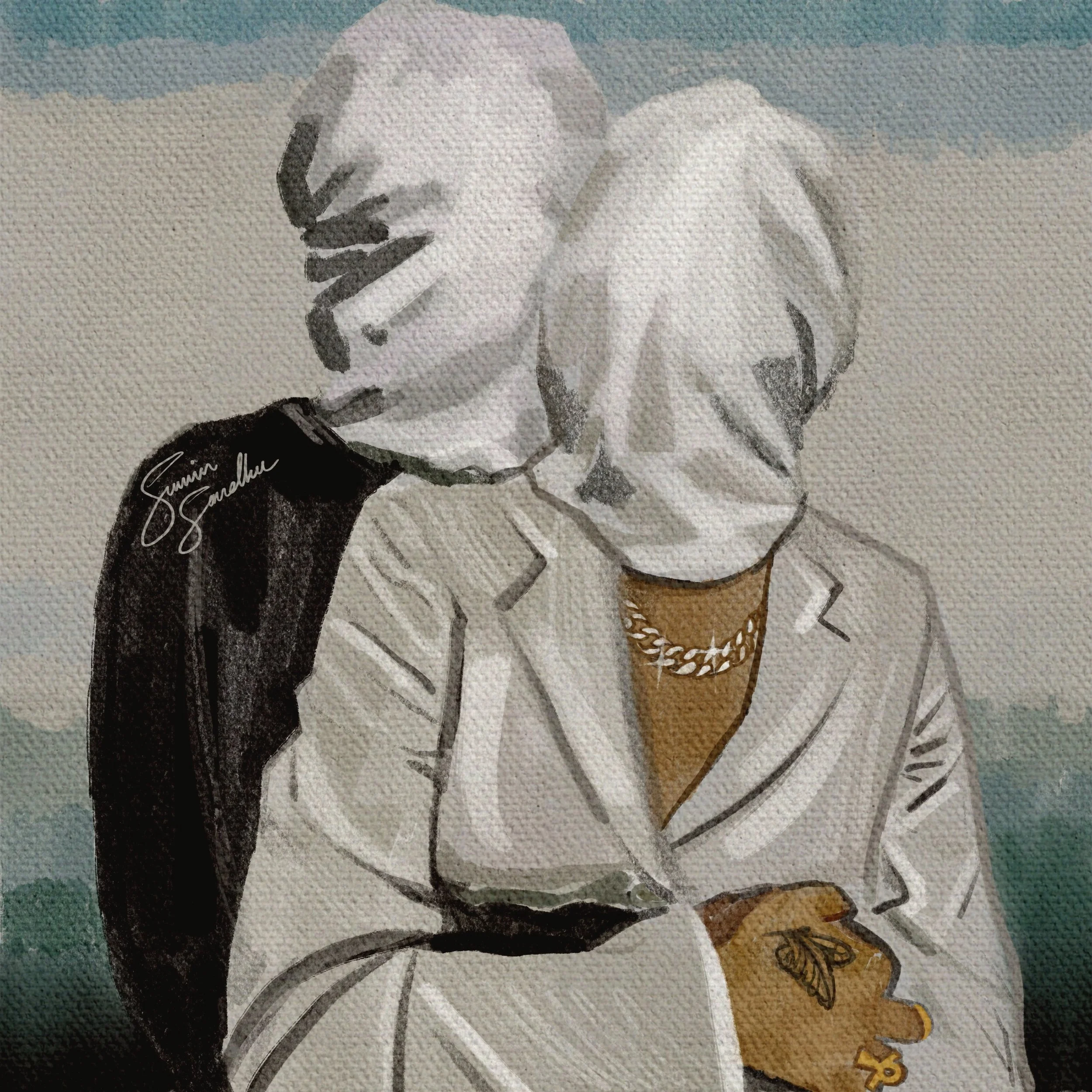 "Masked Lovers" (2026) Pastel Composite On Digital, 10" x 10" Inches