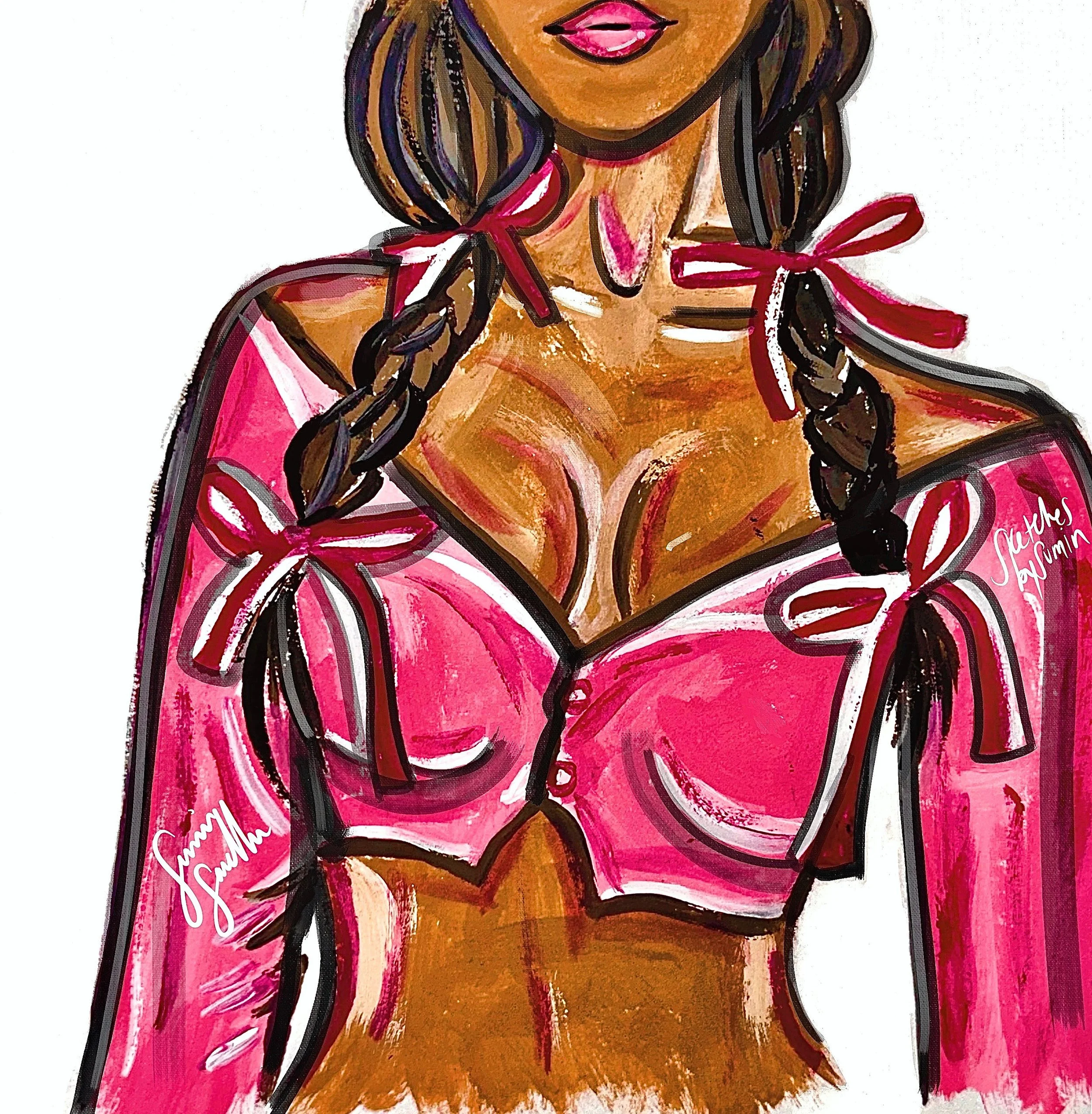 "Think Pink" (2024) Acrylic & Digital Composite On Paper, 10 x 10 Inches 