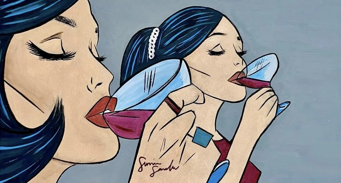 "Time For Wine" Inspired by Jacque Nodell. (2023) Acrylic On Paper Composite, 16" x 9" Inches