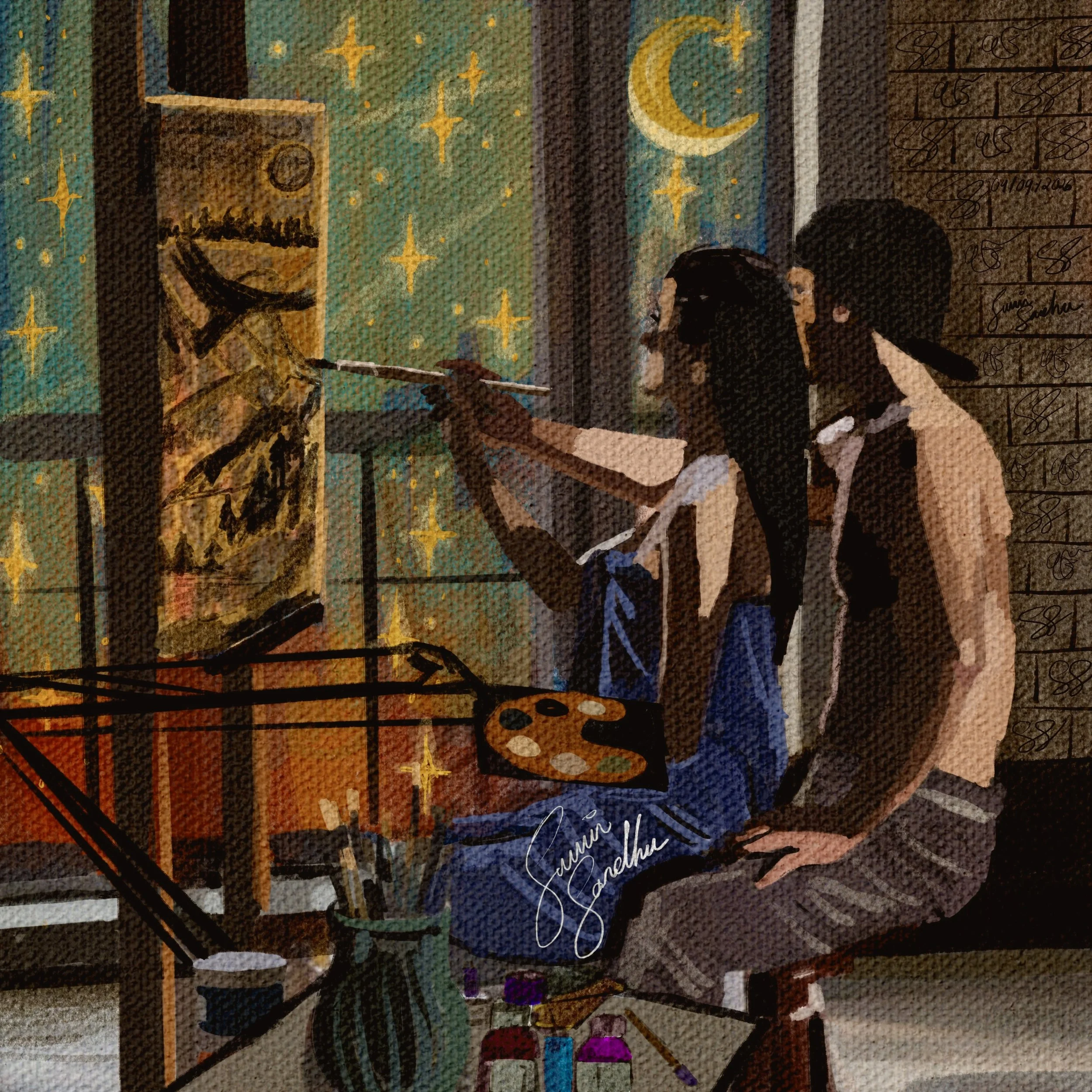 "Under The Moonlight" (2026) Pastel Composite On Digital, 10" x 10" Inches