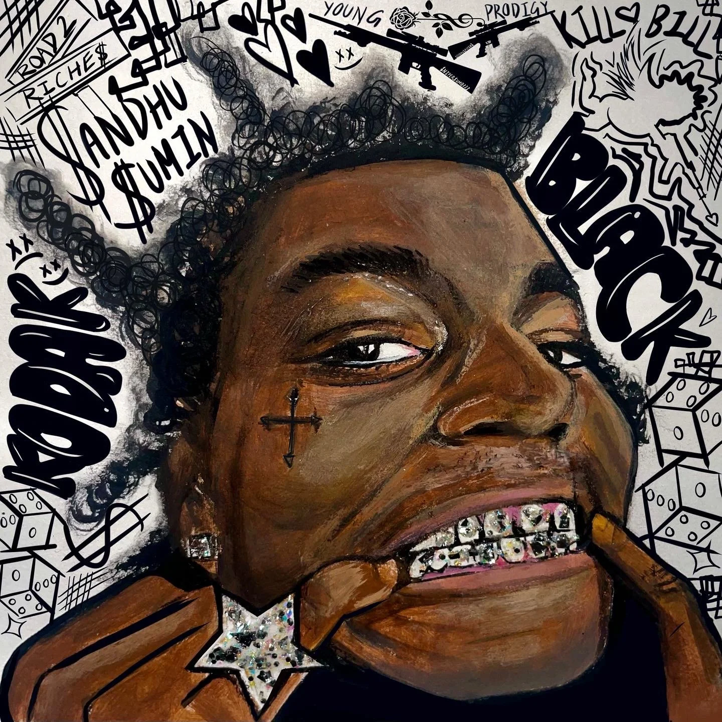 "Kodak Black" (2023)
Acrylic & Digital Composite On Paper, 
8" x 10" Inches
