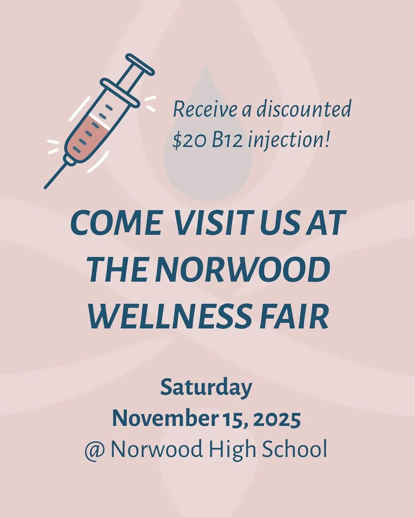 Come stop by our table at the Norwood Wellness Fair to learn about the different ways we can benefit you! 

Wellness are also offering a Wellness Fair deal - Receive a discounted $20 B12 injection!

📆 Saturday, November 15,2025
📍 Norwood High Schoo