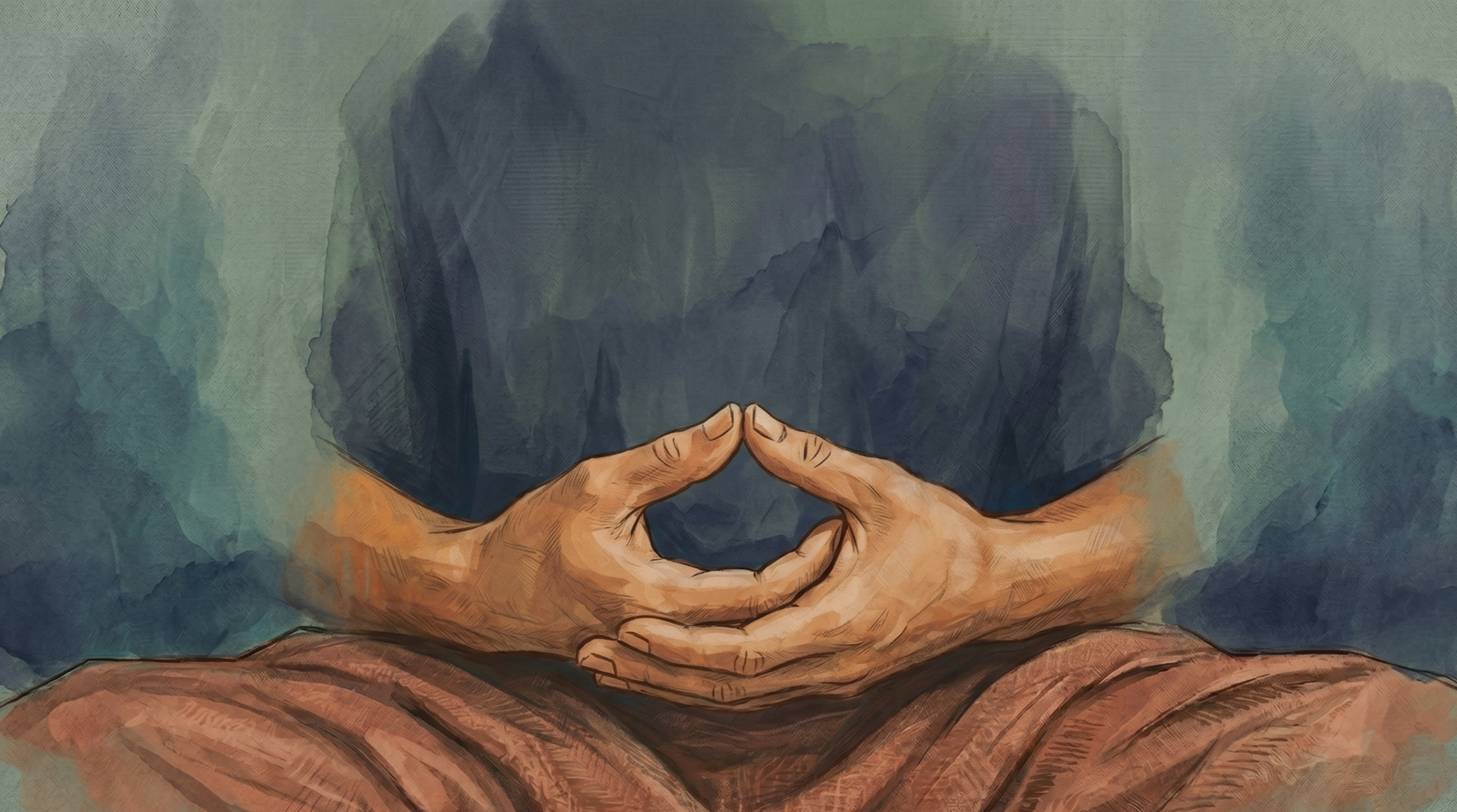 Hands resting in lap.